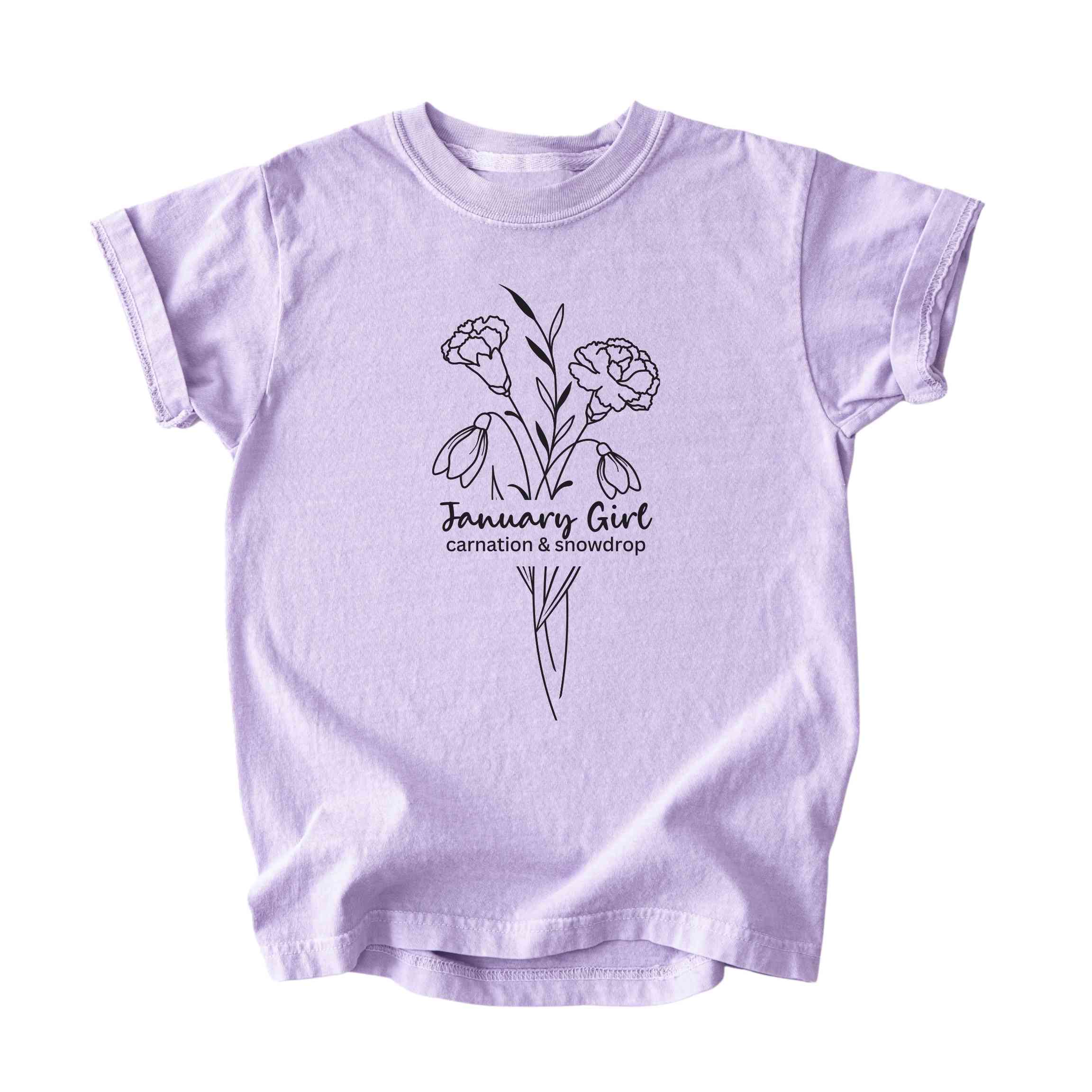January Girl Birth Flowers (Line Art) Tee - Kids